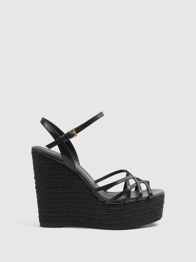 Leather Raffia Platform Wedge Heels
