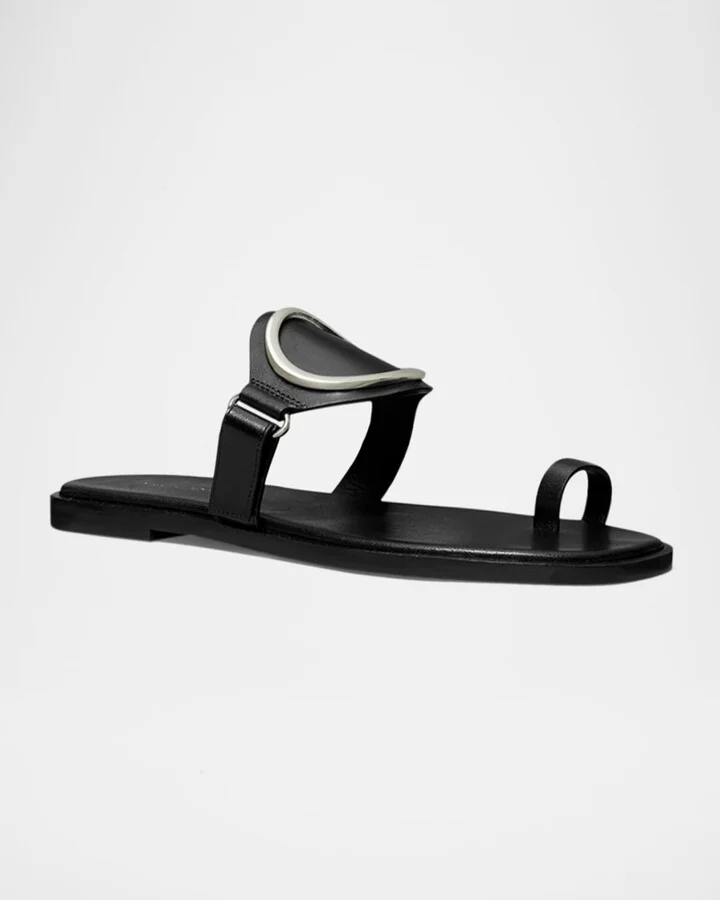 Leather Ring Flat Slide Sandals - Image 3