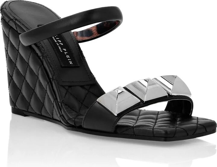 Leather Sandals Wedge Matelassé Studs