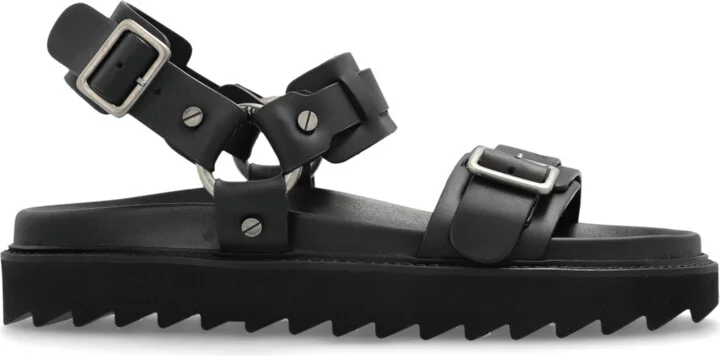 Leather Sandals With Buckle, , - Black