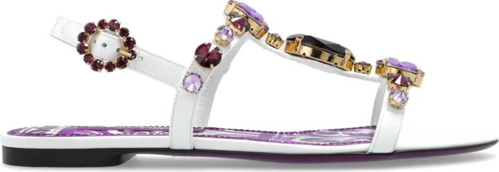 Leather Sandals With Shimmering Crystals, , - White