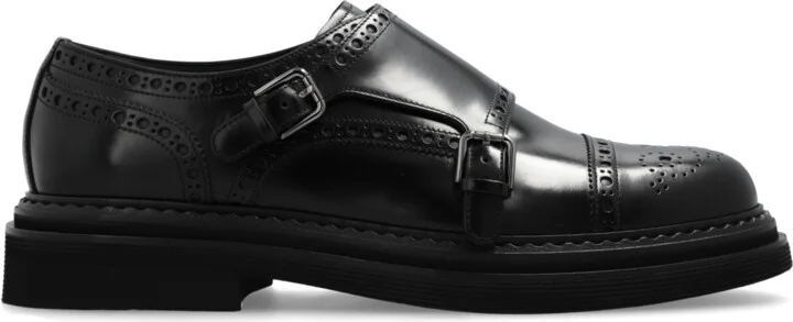 Leather Shoes With Decorative Perforation, , - Black