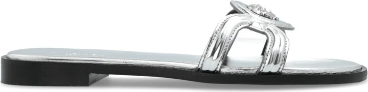 Leather Slides, , - Silver