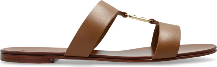 Leather Slides With A Logo-shaped Appliqué, , - Brown