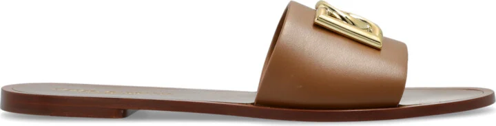 Leather Slides With A Logo-shaped Applique, , - Brown