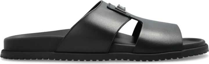 Leather Slides With Appliqué, , - Black