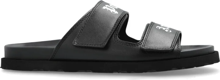 Leather Slides With Logo, , - Black