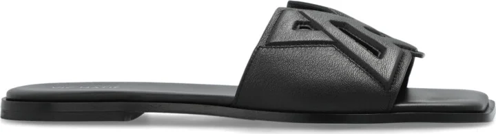 Leather Slides With Logo, , - Black