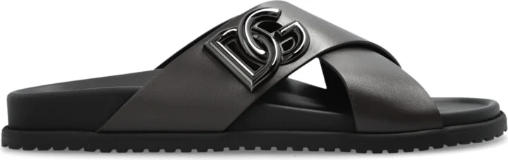 Leather Slides With Logo, , - Brown