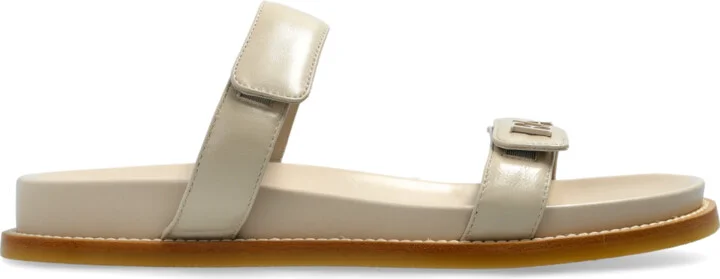 Leather Slides With Logo, , - Cream