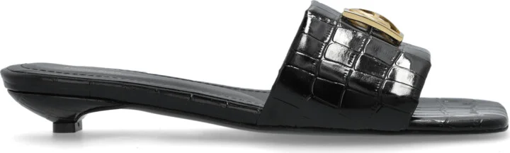 Leather Slides With Logo-shaped Applique, , - Black