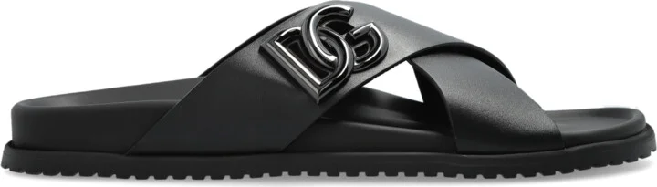 Leather Slides With Logo-shaped Appliqué, , - Black