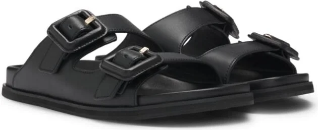 Leather slides with twin buckled straps