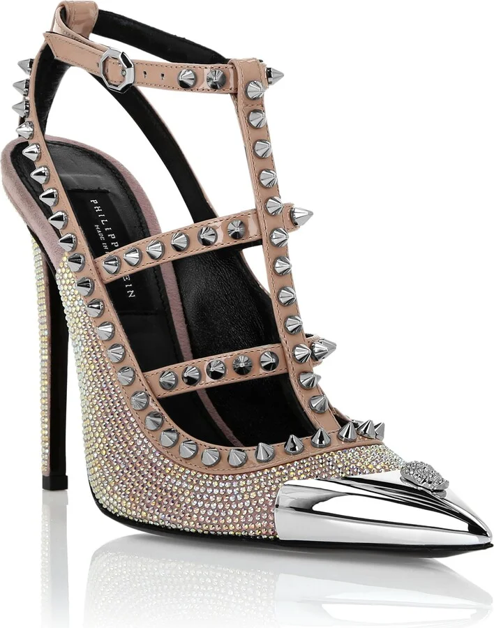Leather Strass Sandals High Heels Studs
