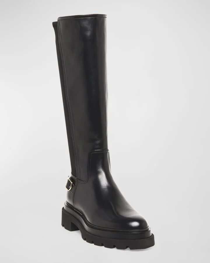 Leather Stretch Buckle Knee Boots - Image 4