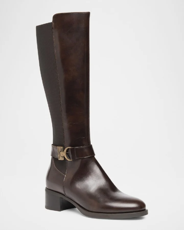 Leather Stretch Buckle Knee Boots - Image 2