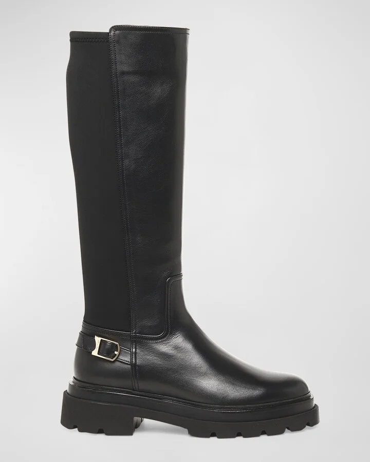 Leather Stretch Buckle Knee Boots