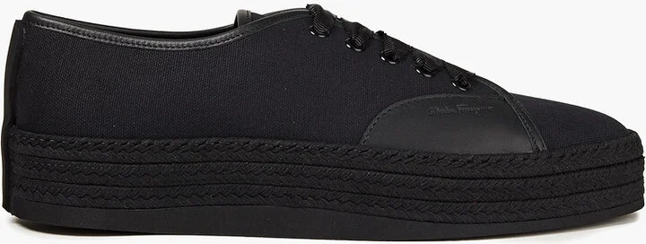Leather-trimmed canvas platform espadrille sneakers