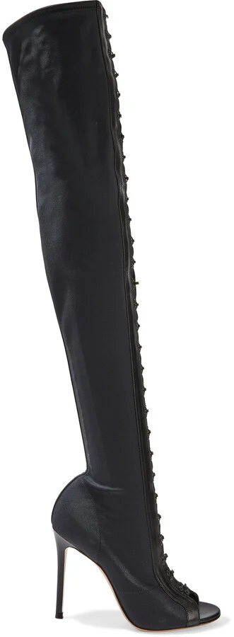 Leather-trimmed faille over-the-knee boots
