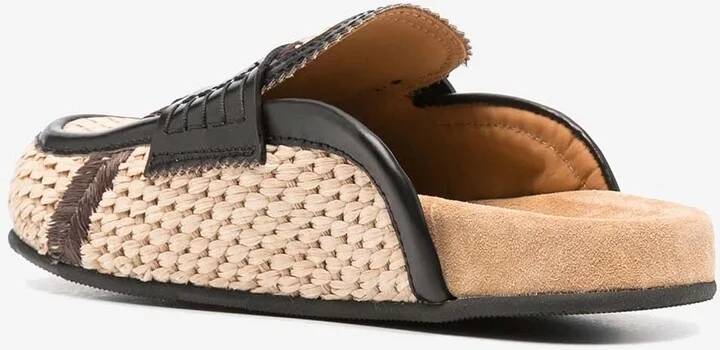 Leather-Trimmed Raffia Flat Mules - Image 2