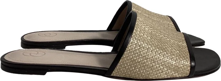 Leather-Trimmed Slides in Black Raffia