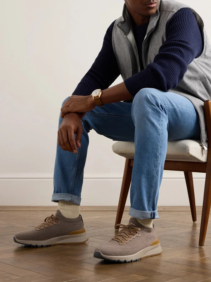 Leather-Trimmed Stretch-Knit Sneakers - Image 2