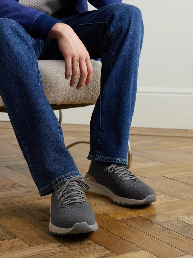 Leather-Trimmed Stretch-Knit Sneakers - Image 2