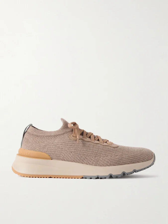 Leather-Trimmed Stretch-Knit Sneakers