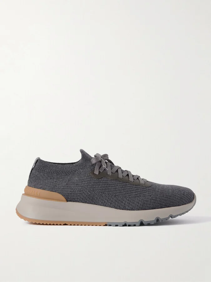 Leather-Trimmed Stretch-Knit Sneakers