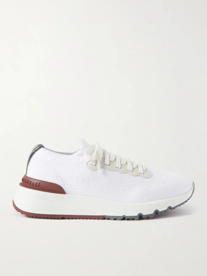 Leather-Trimmed Stretch-Knit Sneakers
