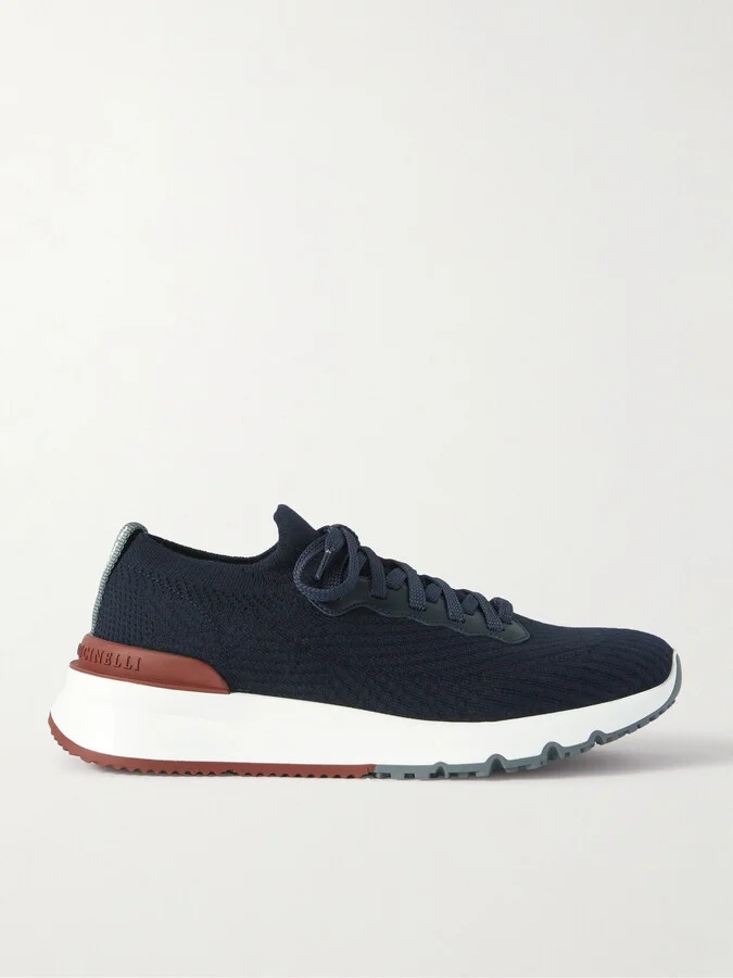 Leather-Trimmed Stretch-Knit Sneakers