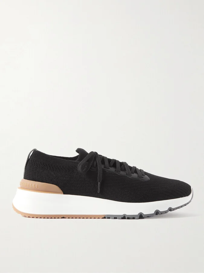 Leather-Trimmed Stretch-Knit Sneakers