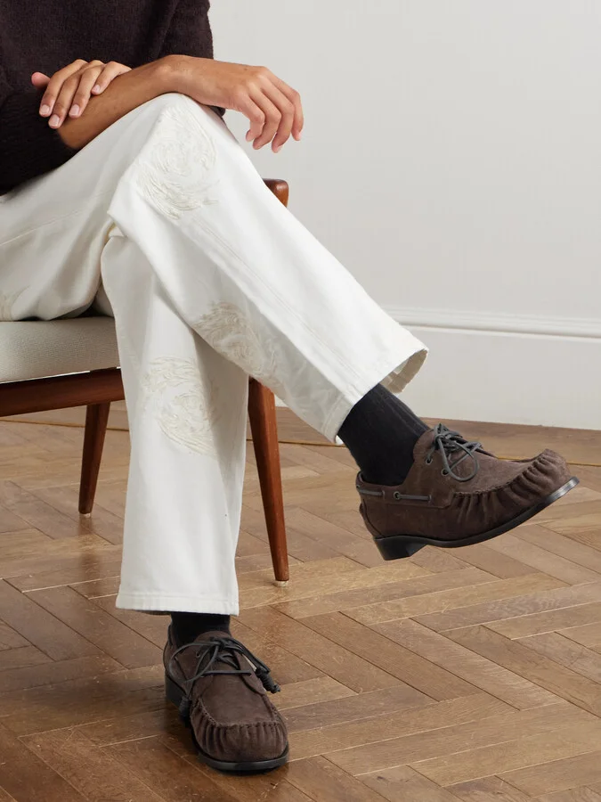Leather-Trimmed Suede Boat Shoes - Image 2