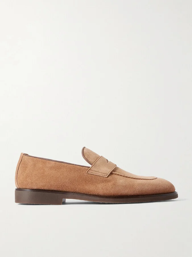 Leather-Trimmed Suede Penny Loafers