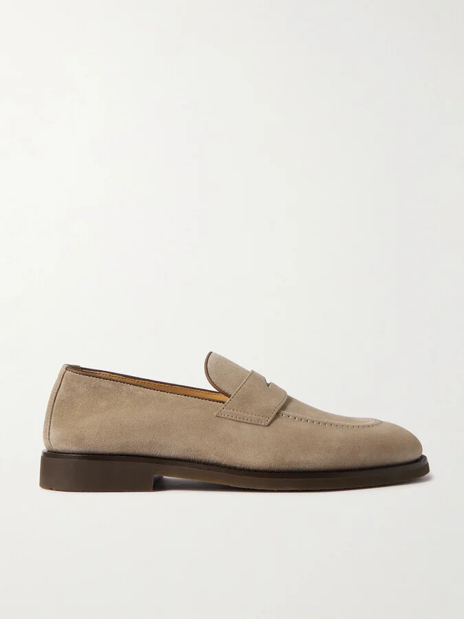 Leather-Trimmed Suede Penny Loafers