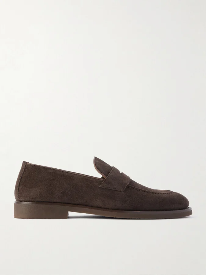 Leather-Trimmed Suede Penny Loafers