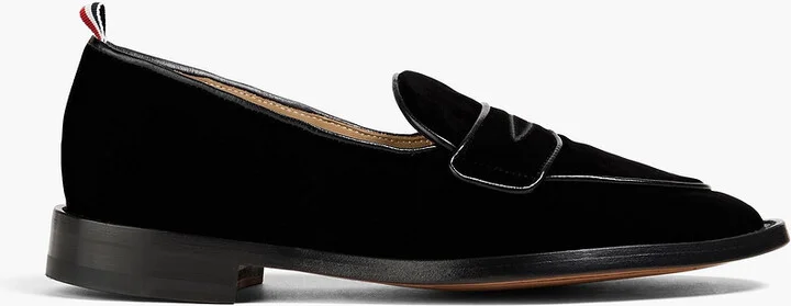 Leather-trimmed velvet penny loafers