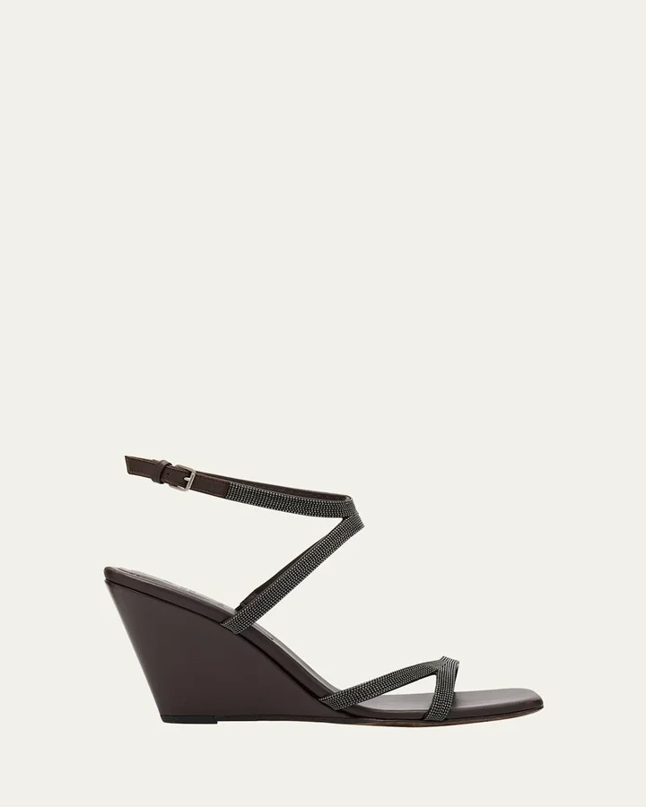 Leather Two Cross Strap Wedge Sandals