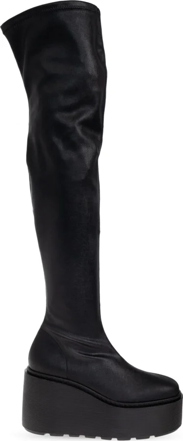 Leather Wedge-heeled Boots, , - Black