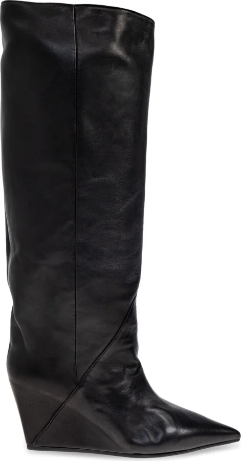 Leather Wedge-heeled Boots, , - Black