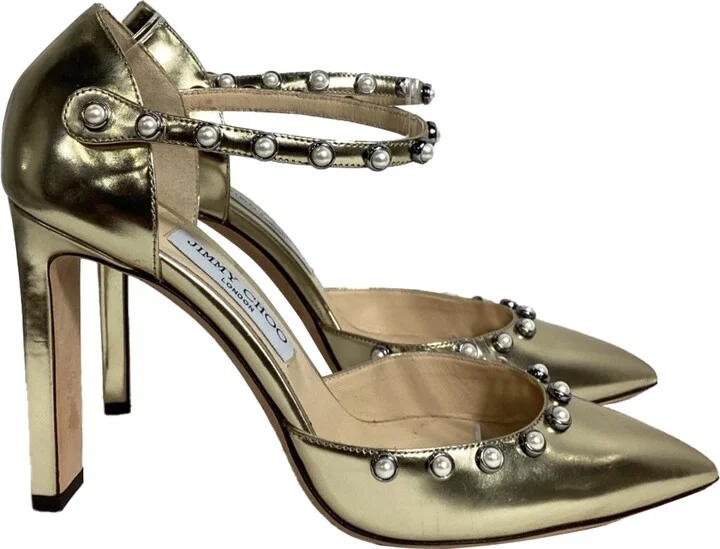 Leema Faux Pearl Accents D'Orsay Pumps in Gold Leather