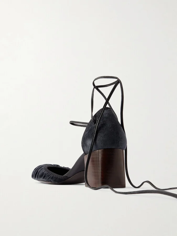LEMAIRE - Micro Ballerina Leather-trimmed Ruched Velvet Pumps - Black - Image 3