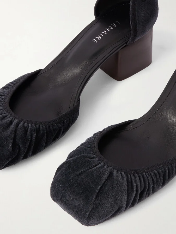 LEMAIRE - Micro Ballerina Leather-trimmed Ruched Velvet Pumps - Black - Image 4