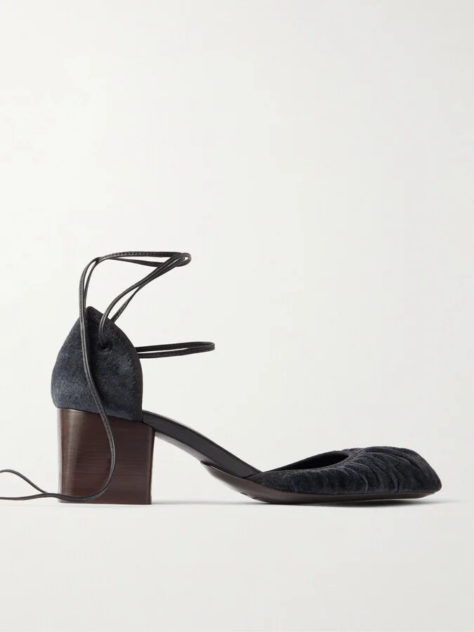 LEMAIRE - Micro Ballerina Leather-trimmed Ruched Velvet Pumps - Black