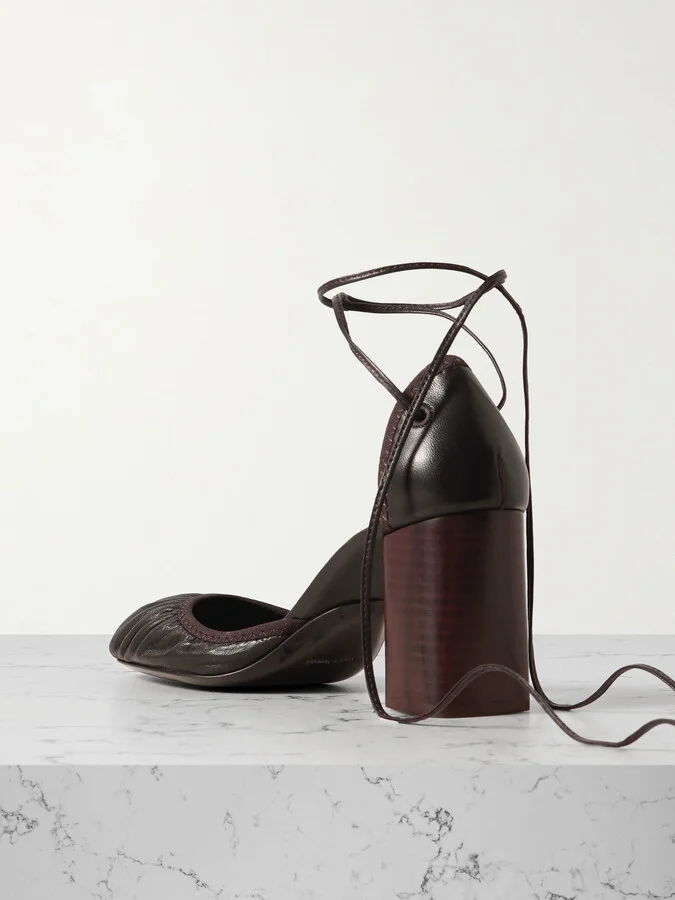LEMAIRE - Micro Ballerina Ruched Leather Pumps - Brown - Image 3