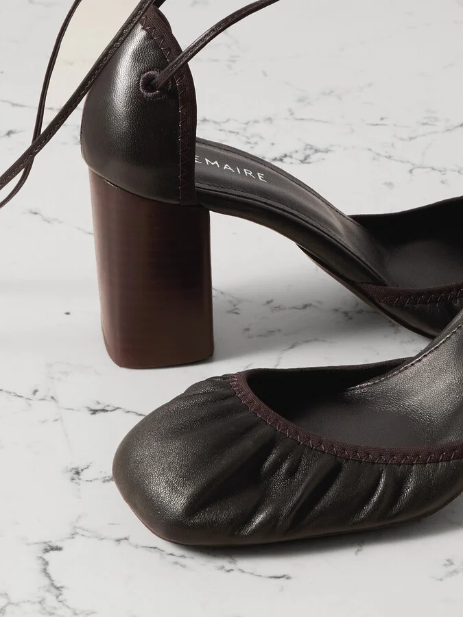 LEMAIRE - Micro Ballerina Ruched Leather Pumps - Brown - Image 4