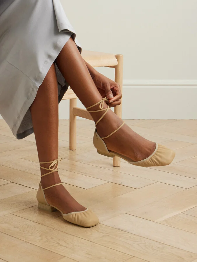 LEMAIRE - Ruched Leather Ballet Flats - Cream - Image 2
