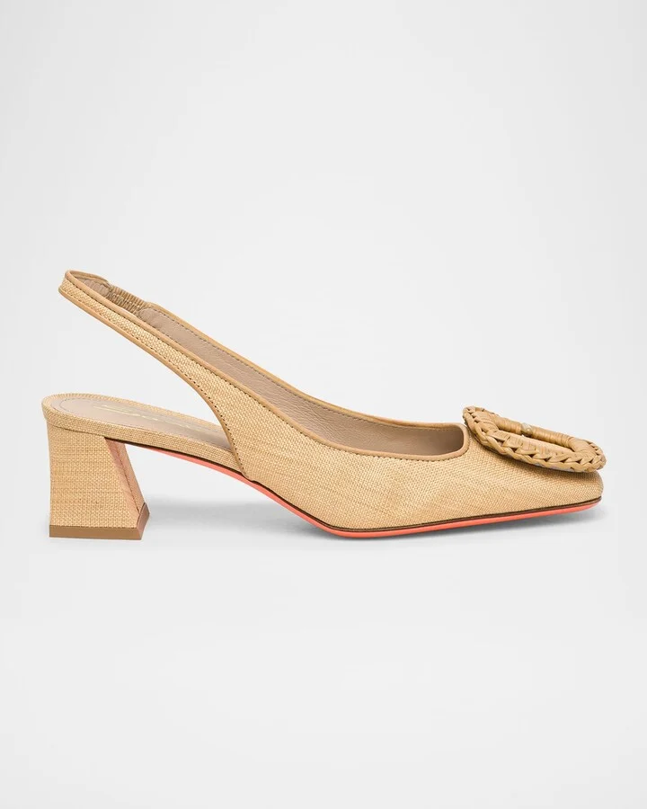 Lemon Raffia Buckle Slingback Pumps