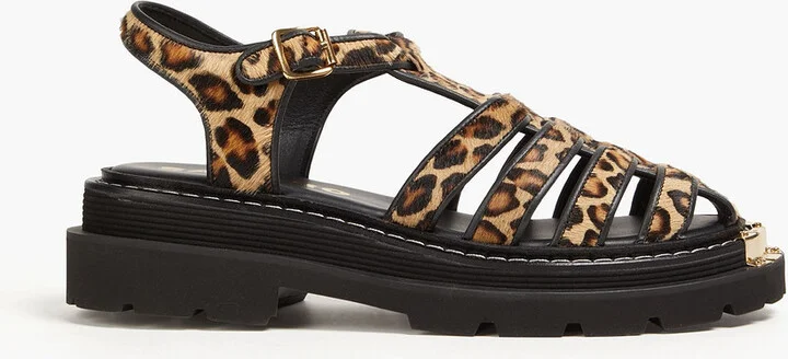 Leopard-print calf hair sandals