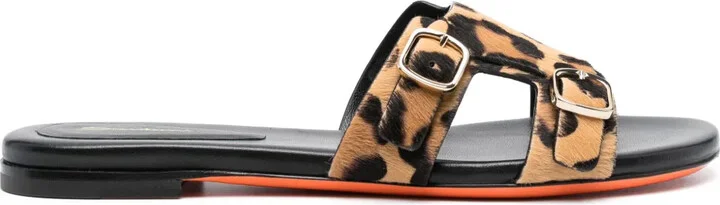 Leopard-Print Double-Buckle Slides